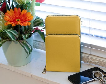 Phone Holder Bag for Ladies Vegan Leather Wallet Money Purse with 2 compartments Yellow