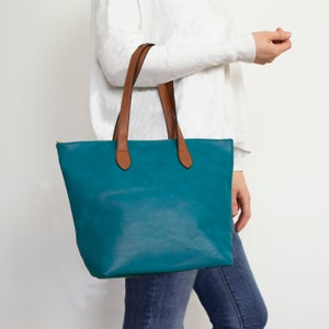 Tote für Frau, noble Schultertasche, Vegan PU-Leder Handtasche Azurblau