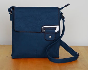 A Personalised, Asymmetric Crossbody / Shoulder Bag for Women, Faux Leather, Navy Blue