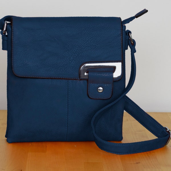 A Personalised, Asymmetric Crossbody / Shoulder Bag for Women, Faux Leather, Navy Blue