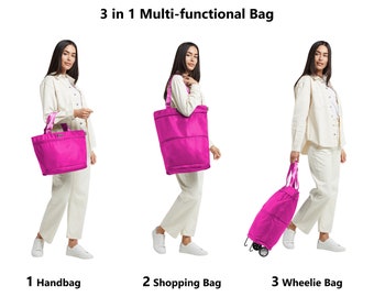 Deluxe Totes Handbag-Shopping Bag-Wheelie Bag all in 1, Multifunctional Bag (Cabin Size)  Pink