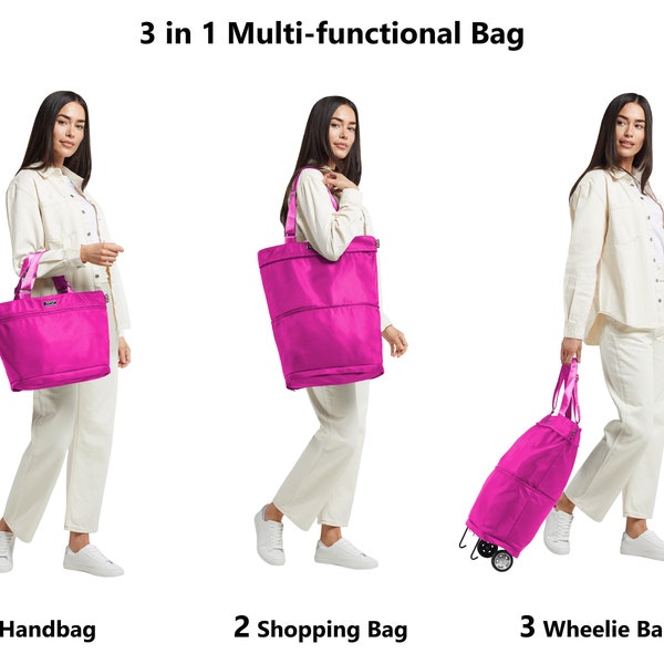 Deluxe Totes Handbag-Shopping Bag-Wheelie Bag all in 1, Multifunctional Bag (Cabin Size)  Pink