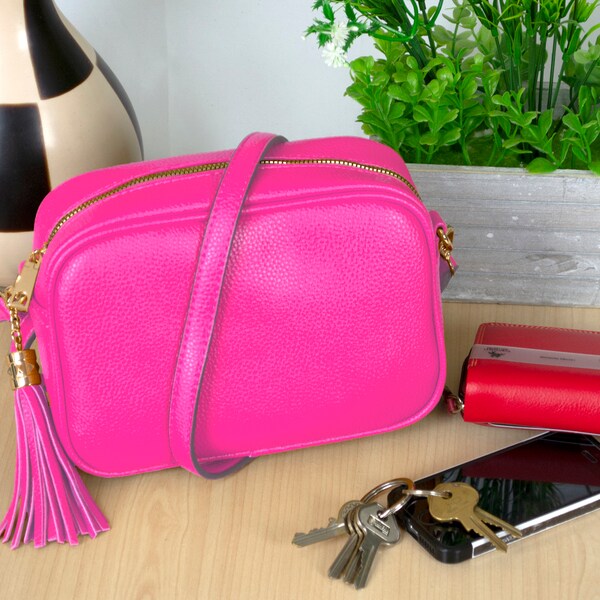 Tassel Crossbody Bag/Camera Bag Shoulder Bag for Ladies Faux Leather Fuchsia