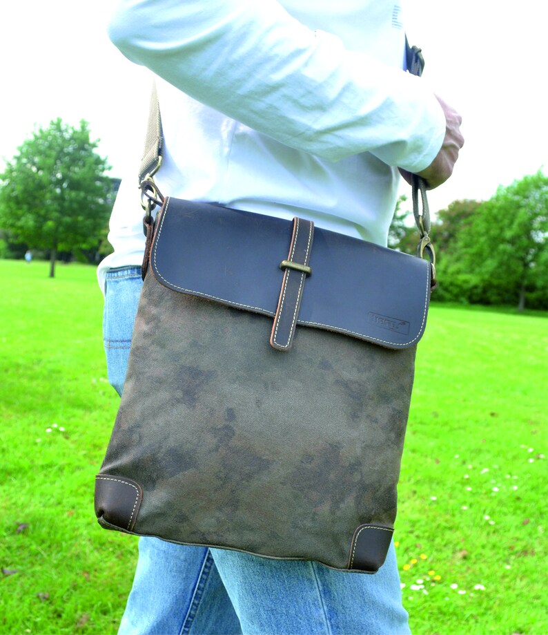 Vintage Satchel Messenger Bag Genuine LeatherCanvas Cross Body Bag lightweight Ipad Bag
