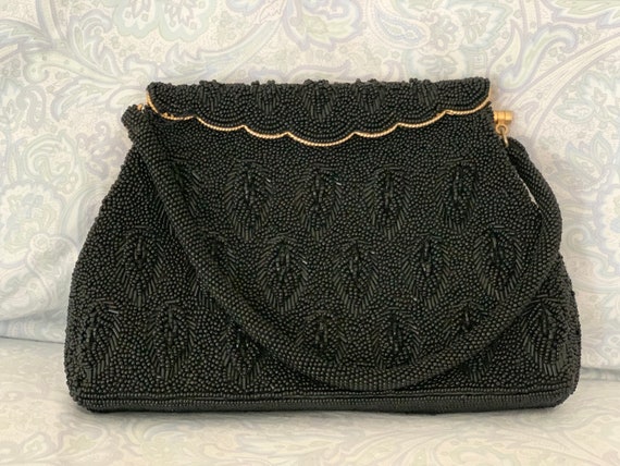 Stunning Vintage black leaf pattern beaded evenin… - image 1