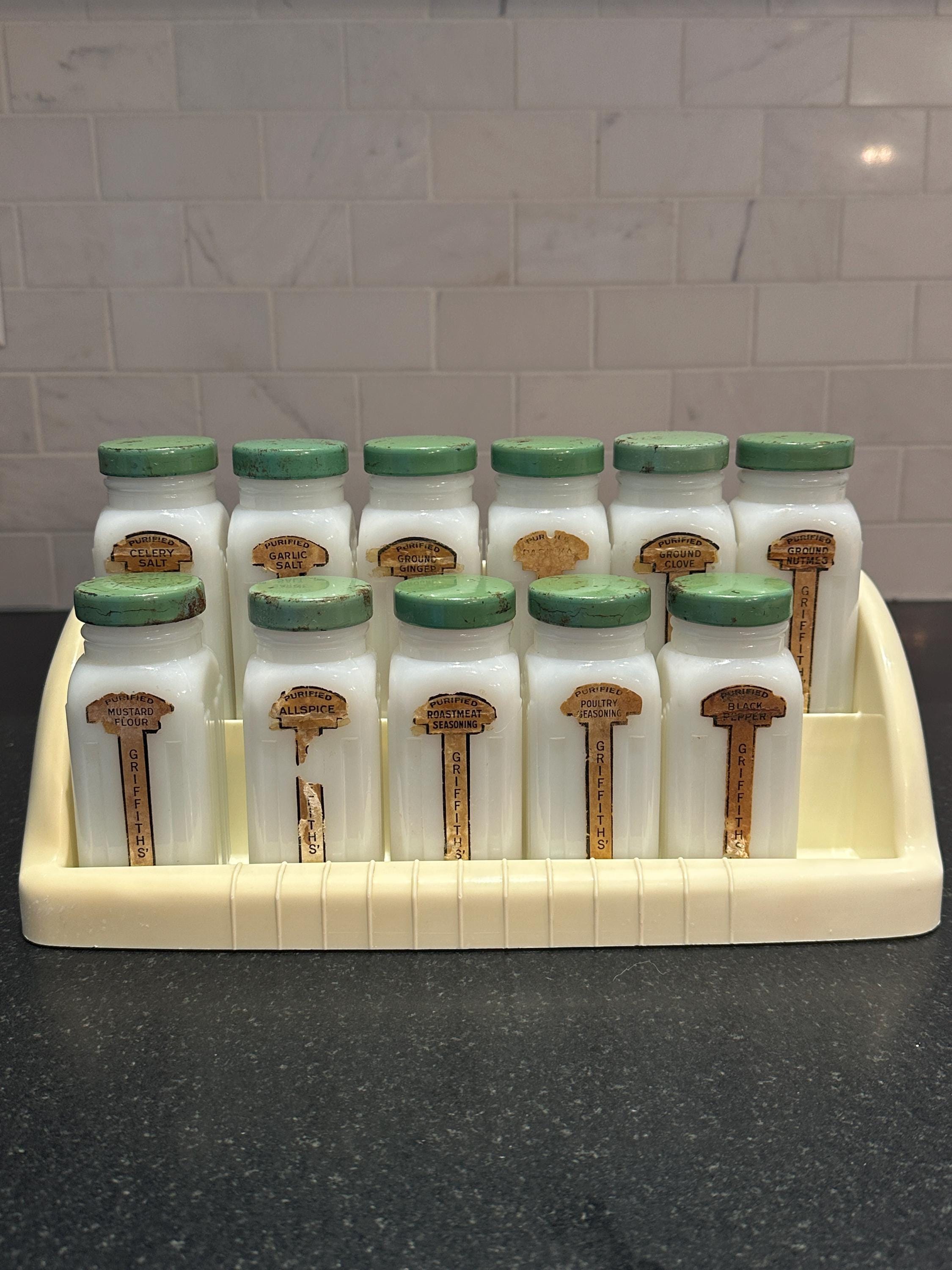 Iconic Retro Griffith Labs Spice Rack 11 Milk Glass Bottles