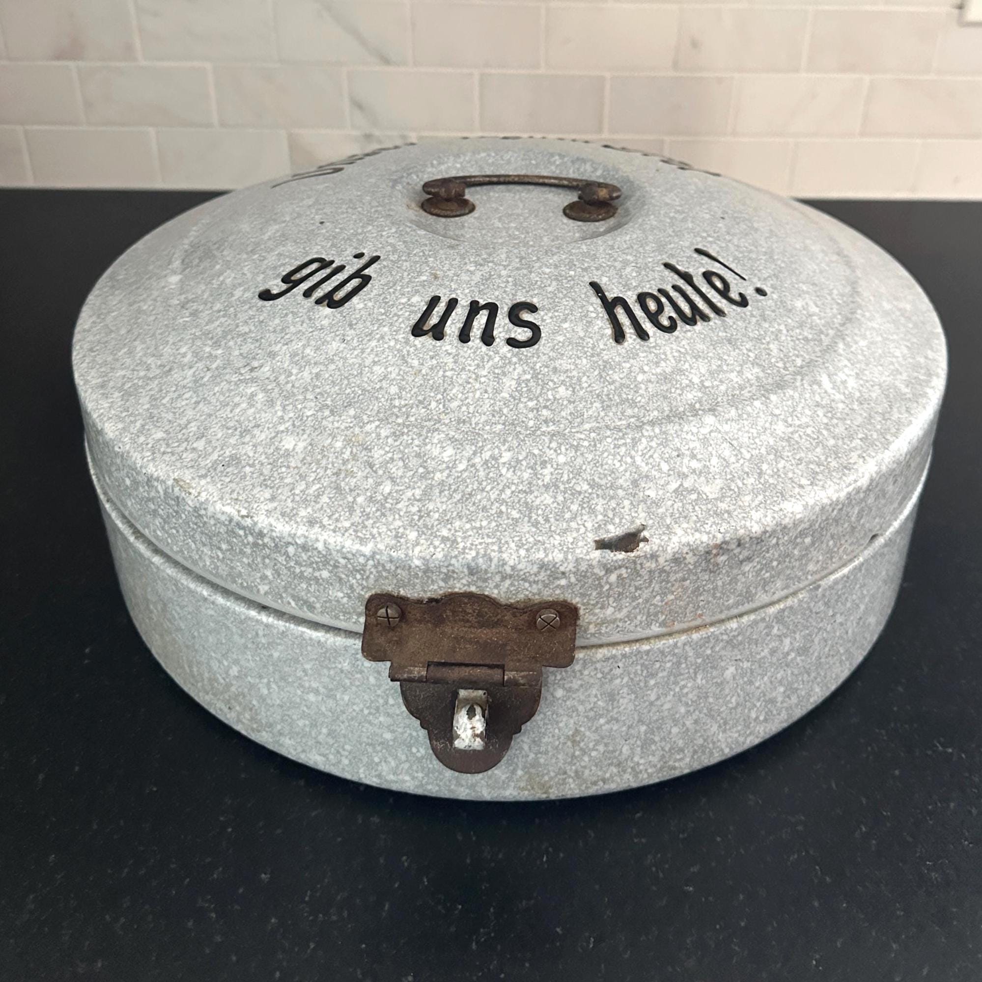Antique German Enamelware Bread or Pie Box Round Granite Ware