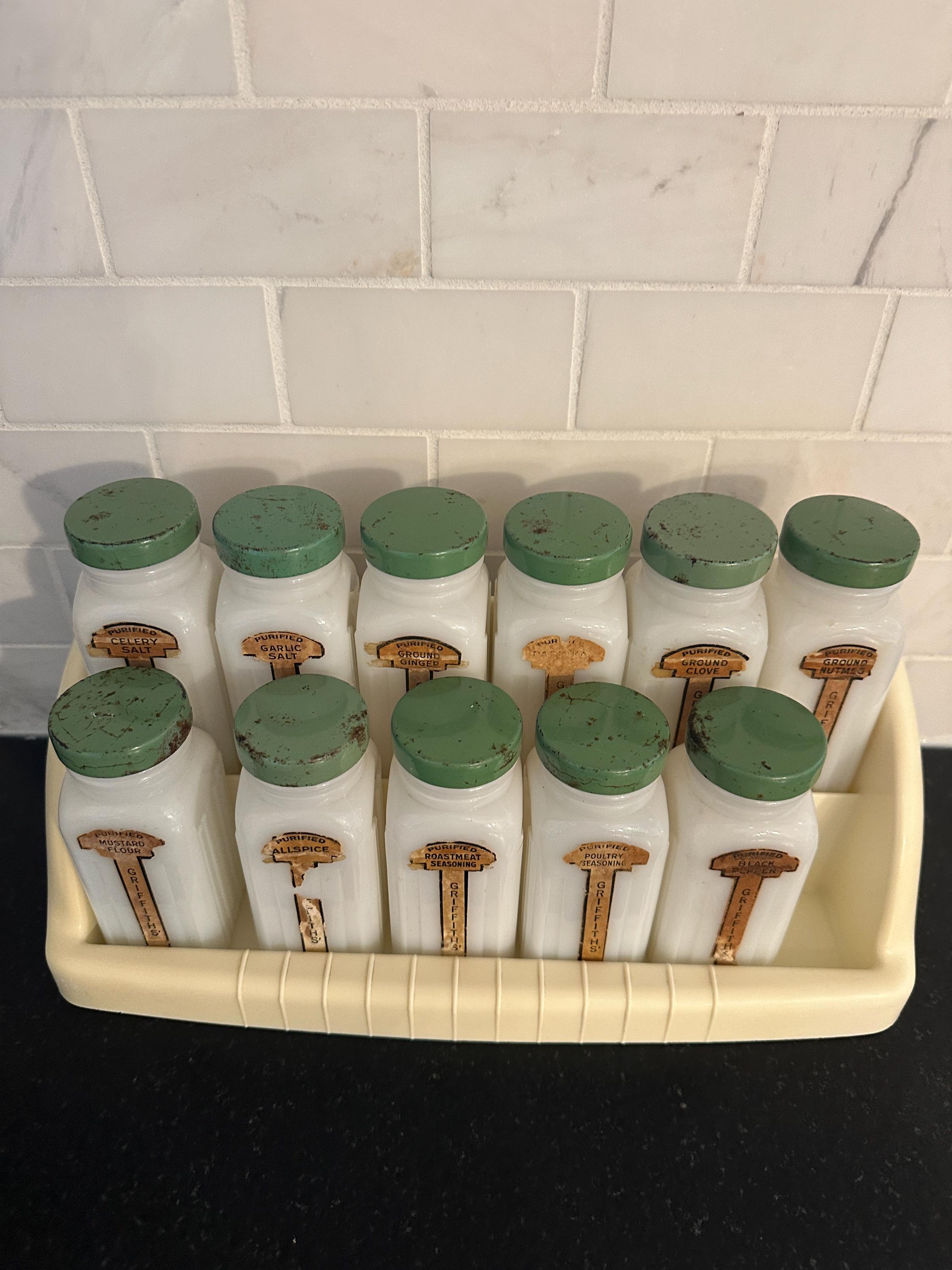 Iconic Retro Griffith Labs Spice Rack 11 Milk Glass Bottles