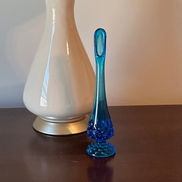 1970s Blue Fenton Glass Hobnail Swung Glass Vase