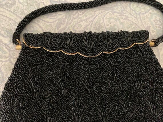 Stunning Vintage black leaf pattern beaded evenin… - image 5