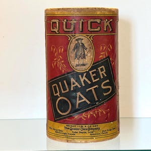 Antieke Quaker Oats-kartonnen container met geweldige afbeeldingen