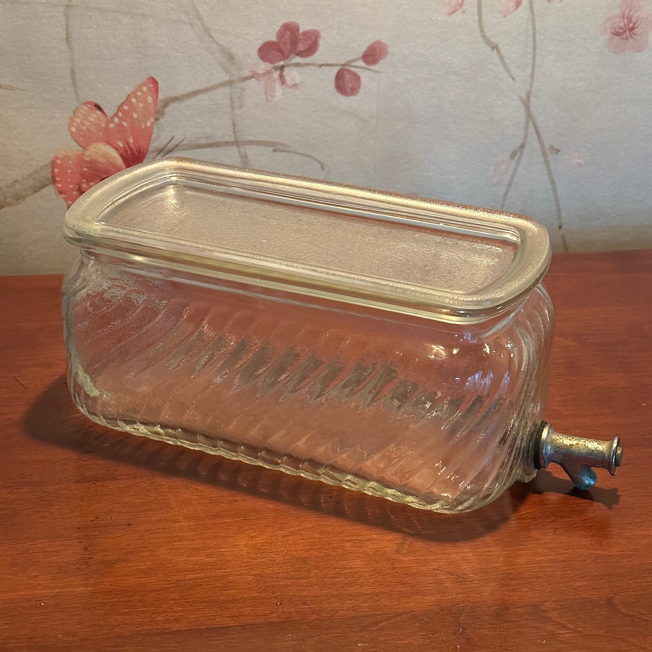 Vintage Ribbed Clear Glass Refrigerator Water Dispenser w/Spout