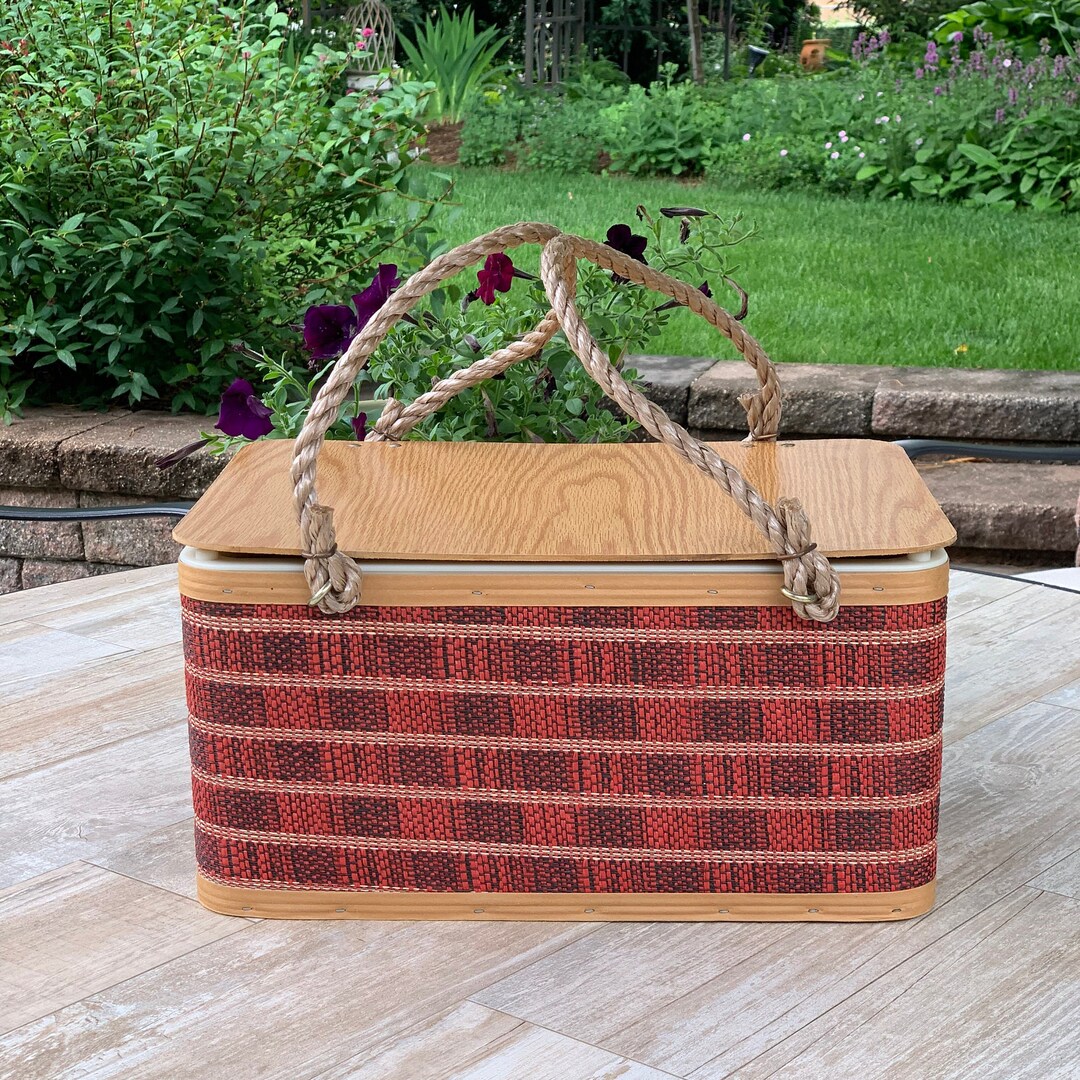Vintage Burlington Picnic Basket Red Woven Etsy