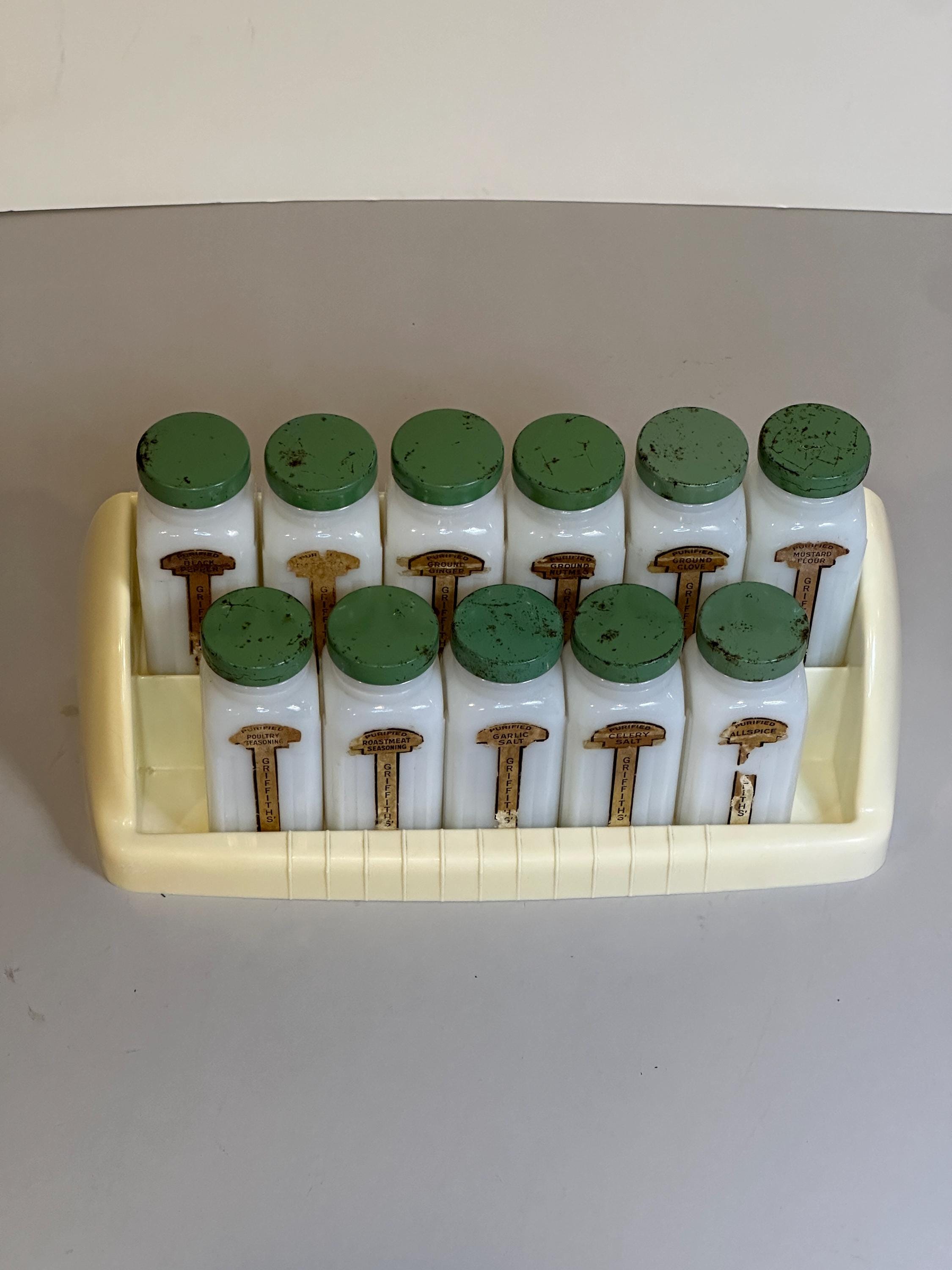 Iconic Retro Griffith Labs Spice Rack 11 Milk Glass Bottles