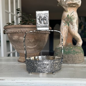 Antique Dutch or German Silver Repousse Tobacco Jar Holder and Matchbox Holder