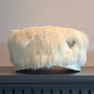 Retro 1970s Fur Cap with Satin Trim Details,White Winter Fur Hat for a MCM Look