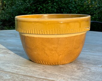 Vintage 1930s Yellow Ware Leaves and Nuts Pattern Stoneware Mixing Bowl