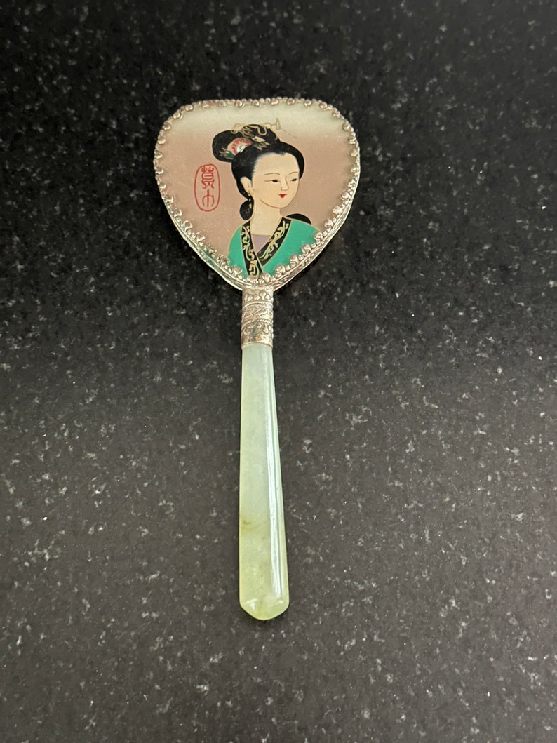 Petit miroir à main asiatique de collection vintage avec poignée en jadéite image 4