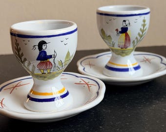 Set of 2 Hand Painted Pair of Quimper Egg Cups