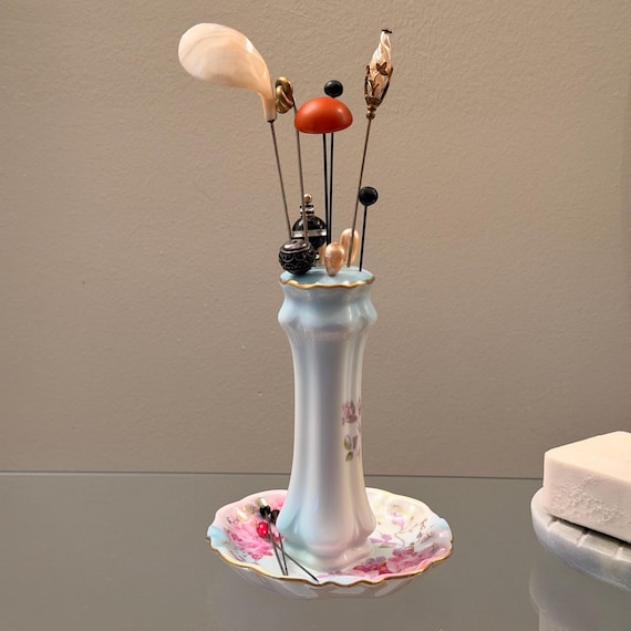 Vintage Hat Pin Collection and Antique Porcelain Holder