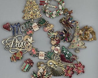Vintage Christmas Jewelry 18 pieces of Sparkling Brooches and Earrings some Signed