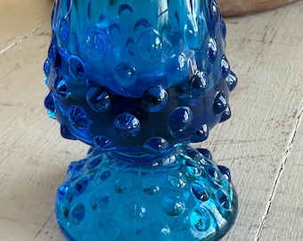 1970s Blue Fenton Glass Hobnail Swung Glass Vase