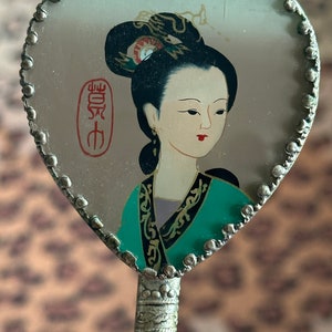 Petit miroir à main asiatique de collection vintage avec poignée en jadéite image 6