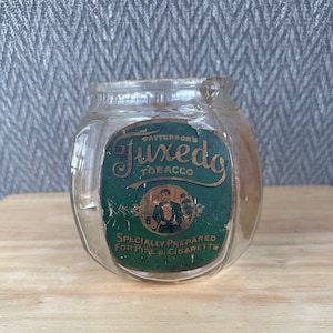 Early 1900s Antique Tuxedo tobacco glass humidor jar