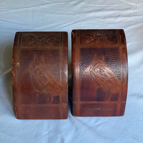 Vintage tooled leather horse figure bookends