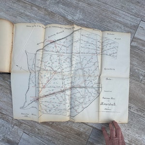 May include: An open, folded vintage map with detailed lines, numbers, and text in black and red ink. The map is on aged paper, with a hand visible at the bottom right. The map's title is "Drainage Plan Knezdub."