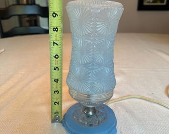 Antique Art Deco Accent Dresser Lamp,1920s-1930s Embossed Pale Blue Glass Boudoir Lamp