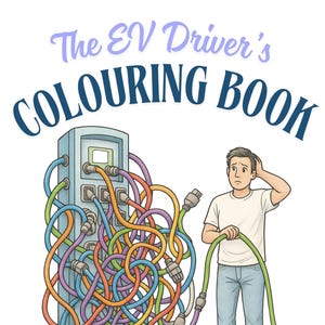 May include: Illustration of "The EV Driver's Colouring Book" cover. The image shows a charging station with tangled colourful cables, a person holding a cable, and a hand drawing with a pencil. The title is in blue and purple.