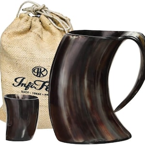 Natural Buffalo Horn Mug for hot or cold drinks, Medieval Drinking Mug with Burlap Sack and shot Mug