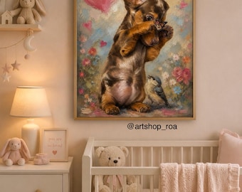 Cuadro al óleo de cachorro de perro salchicha / Arte infantil con mariposas y pájaros (descarga digital)