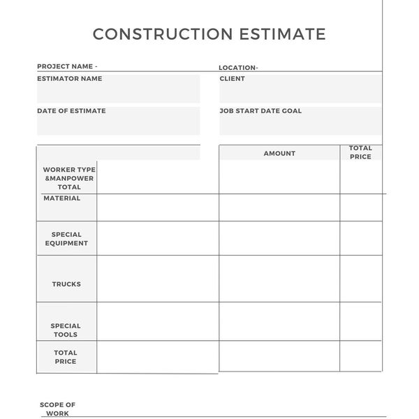 Construction Estimate Template Etsy