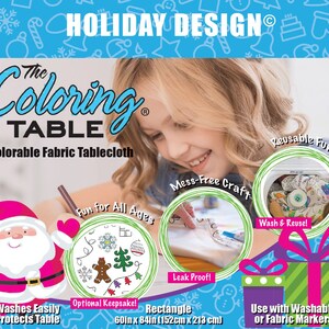 May include: The Coloring Table is a reusable, washable fabric tablecloth that is perfect for kids to color on. It is leak-proof and mess-free, making it ideal for arts and crafts. The tablecloth is 60 inches by 84 inches (152 cm x 213 cm) and can be used with washable or fabric markers.