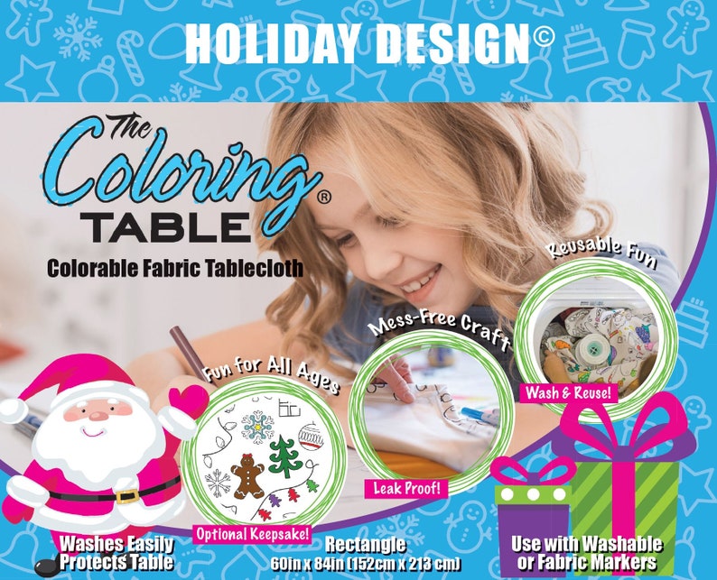 May include: The Coloring Table is a reusable, washable fabric tablecloth that is perfect for kids to color on. It is leak-proof and mess-free, making it ideal for arts and crafts. The tablecloth is 60 inches by 84 inches (152 cm x 213 cm) and can be used with washable or fabric markers.