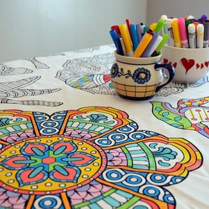 Mandala Design – Coloring Tablecloth – The Coloring Table – Interactive Coloring Tablecloth for Kids - Fabric – Washable and Reusable