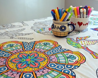 Mantel para colorear con diseño de mandala – Tela lavable y reutilizable para actividades