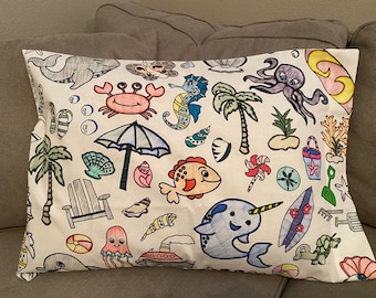 Juego de fundas de almohada para colorear con motivos marinos – Tela lavable y reutilizable (Juego de 2)