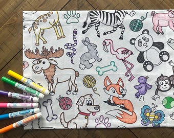 Manteles individuales para colorear con motivos de animales – Tela lavable y reutilizable (juego de 4 u 8)