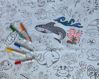 Oceantime Fun Design Coloring Tablecloth – Washable Reusable Fabric Activity