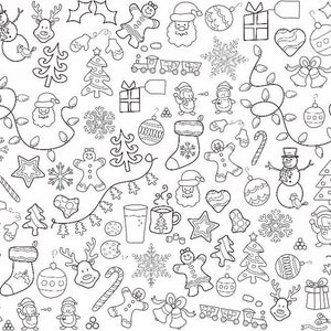 May include: A black and white illustration of various Christmas-themed objects, including a snowman, Santa Claus, reindeer, ornaments, candy canes, and snowflakes.