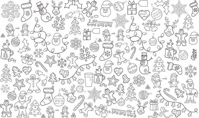 May include: A black and white illustration of various Christmas-themed objects, including a snowman, Santa Claus, reindeer, ornaments, candy canes, and snowflakes.