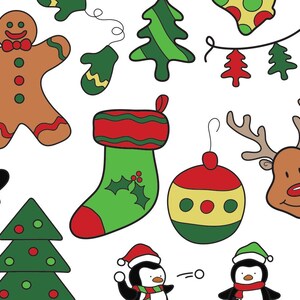 May include: A colorful illustration of various Christmas-themed items, including a gingerbread man, Santa Claus, a stocking, a reindeer, a candy cane, a Christmas tree, and a penguin.
