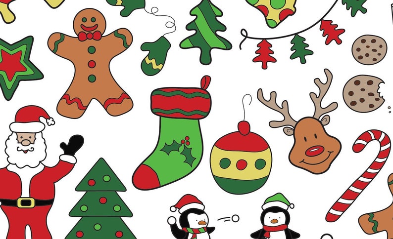 May include: A colorful illustration of various Christmas-themed items, including a gingerbread man, Santa Claus, a stocking, a reindeer, a candy cane, a Christmas tree, and a penguin.