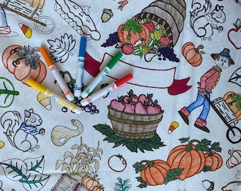 Mantel para colorear con diseño de Acción de Gracias – Tela lavable y reutilizable para actividades