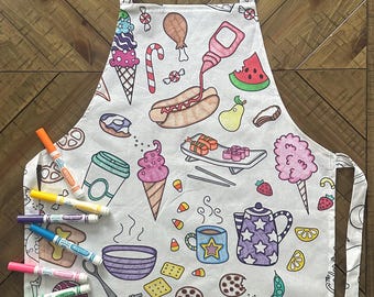 Delantal para colorear con diseño divertido de comida para niños – Tela lavable y reutilizable para actividades