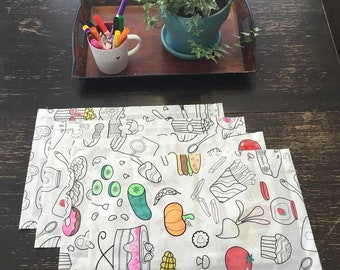 Manteles individuales para colorear con motivos de comida – Actividad de tela lavable y reutilizable (Juego de 4 u 8)