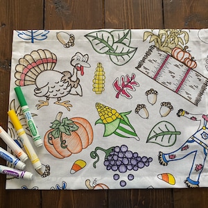 Thanksgiving Design Coloring Placemats – Washable Reusable Fabric Activity (Set of 4 or 8)